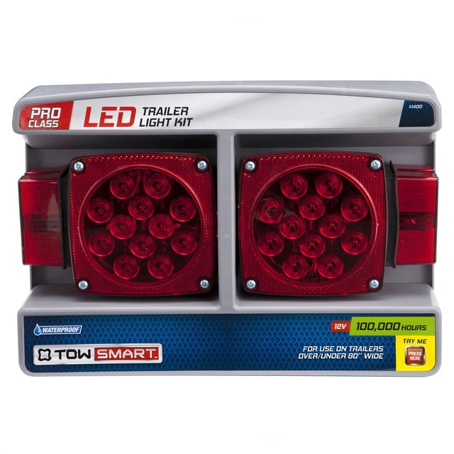ProClass LED Trailer Light Kit - Over/Under 80" front-facing view of two rectangular LED taillight assemblies with built-in reflex lens and acrylic housings; functions as tail/brake light, side turn signals and license plate illuminator; includes 20' wiring harness and mounting hardware; waterproof, corrosion resistant design for trailers over or under 80 inches wide; often used as a replacement kit for utility and boat trailers.