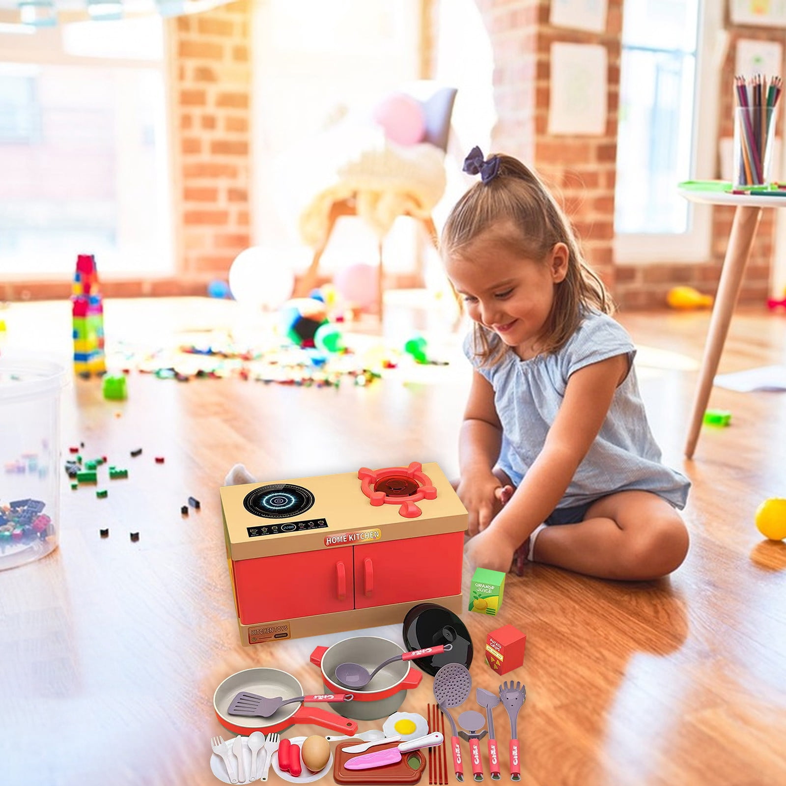 Agiferg Educational Toys Home Kitchen Toy Kitchen Set 33 PCS Pretend Play Cooking Set with Interactive Cooktop Realistic Accessories Play Food Educational Toy for Boys Girls 3+