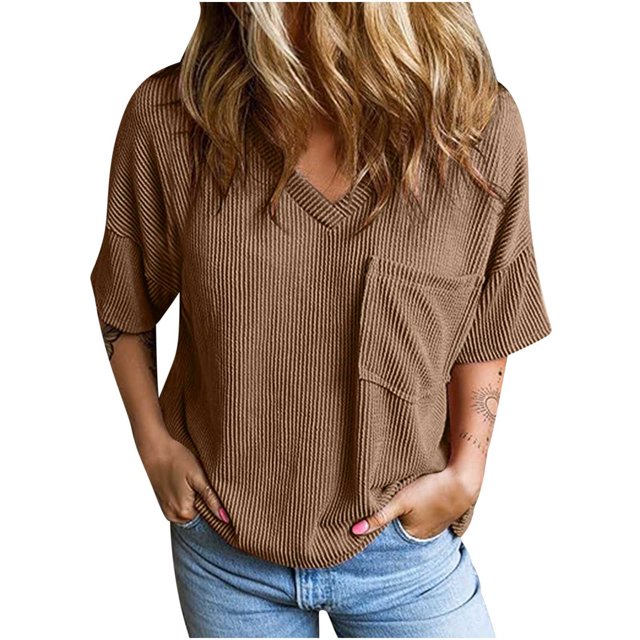 Timegard Tops for Women Ribbed V Neck Drop Shoulder Comfy Loose Tee Shirts Casual Short Sleeve Tops