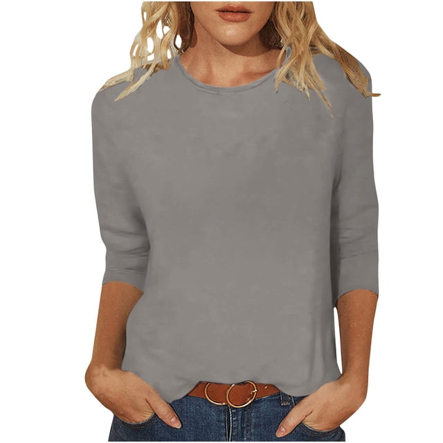 hotojiny Spring Tops for Women Lightweight Solid Color 3/4 Sleeve Crewneck Basics Tees Plus Size Soft Comfy Summer Work Shirt
