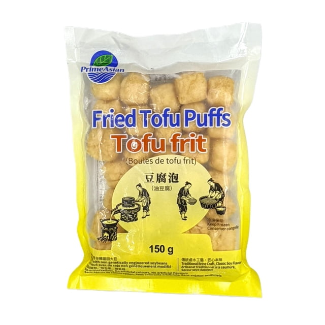 Prime Asian Frozen Fried Tofu Puffs, frozen golden-brown puffed tofu pieces made with non-genetically-engineered soybeans, free of preservatives, artificial colours and artificial flavours; porous texture and light crisp surface, suitable for stuffing, braising, stir-fries, stews and soups.