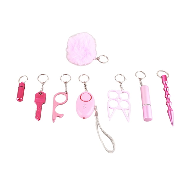 Porte-clés de Sécurité, Ensemble de 8 Pcs de Porte-Clés de Protection par Vobor-CA, Comprenant une collection d'Accessoires de Porte-Clés en Métal Rose. Comprend un Pompon Duveteux, un Sifflet, un Outil en Forme de Clé, un Outil Sans Contact, une Alarme Personnelle avec une Dragonne, un Porte-Clés d'Auto-défense, un Contenant en Forme de Rouge à Lèvres et un kubotan Pointu. Conçu pour la Sécurité des Femmes et la Commodité en Voyage.