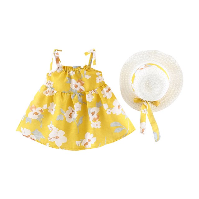 Vêtements d'Été pour Bébés Filles, Tout-Petits, Mignon, Sans Manches, Robes à Imprimé Floral, Ensemble avec Chapeau, Robe de Plage pour Enfants