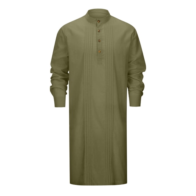 Wdgfv Kaftan pour Homme Robe Boutonnée à Manches Longues en Coton et Lin Thobe Décontracté Robe Musulmane Henley Chemise