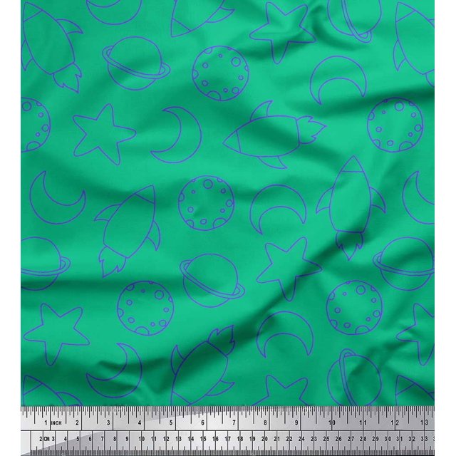 Soimoi Green Rayon Fabric Planet & Stars Galaxy Print Sewing Fabric Yard 56 Inch Wide