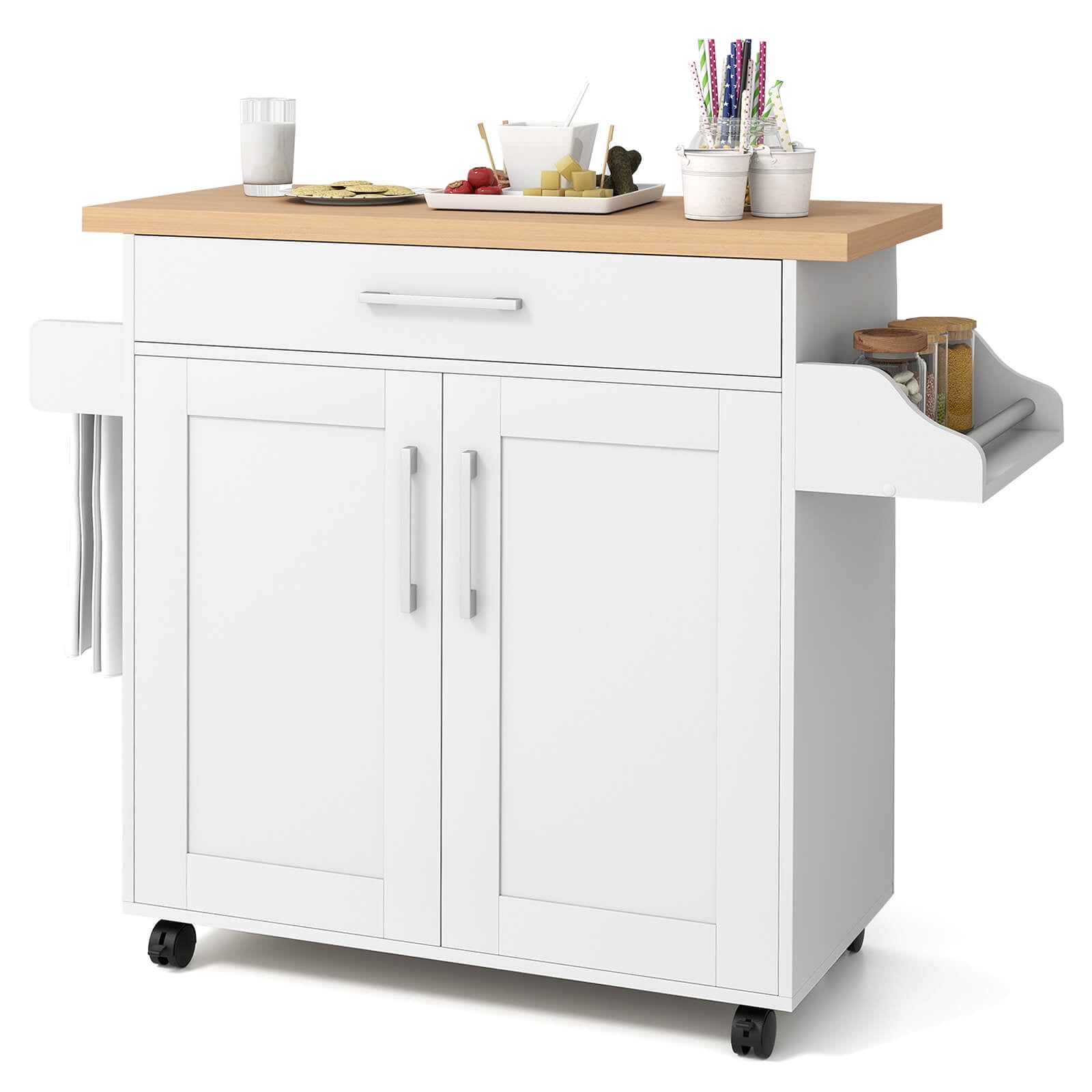 Costway Rolling Kitchen Island Cart Storage Cabinet w/ Towel & Spice Rack White
