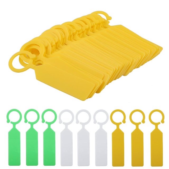 WALFRONT 100 PCS Plant Tree Labels Hanging Name Tag set with durable plastic labels in yellow, green, and white. Includes 100 reusable, waterproof tags with a hanging loop design, ideal for plant identification, marking seed trays, pots, or young plants in nurseries or gardens.