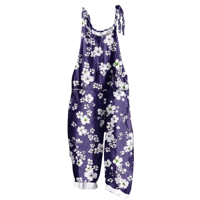 yoeyez Rompers for Women Summer,Ladies Print Summer Plus Size Long Jumpsuits Sleeveless Adjustable Straps Backless Overalls Jumpsuits With Pockets Purple,L