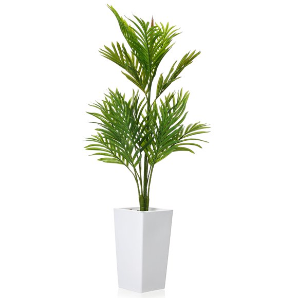 EDTara Potted Artificial Palm Tree, Realistic Areca Leaves In White Tall Planter for Indoor Home and Office Decoration