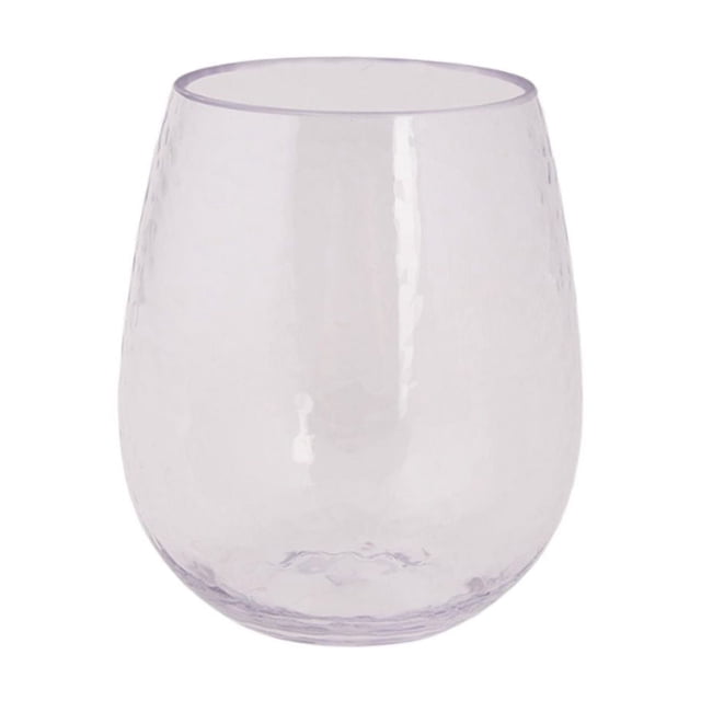 Hometrends Clear Acrylic Stemless Wine Glass, 17.53oz, front view of a clear, rounded stemless wine glass made from durable, BPA-free acrylic with a textured surface, dishwasher safe and shatterproof, suitable for wine or cocktails.