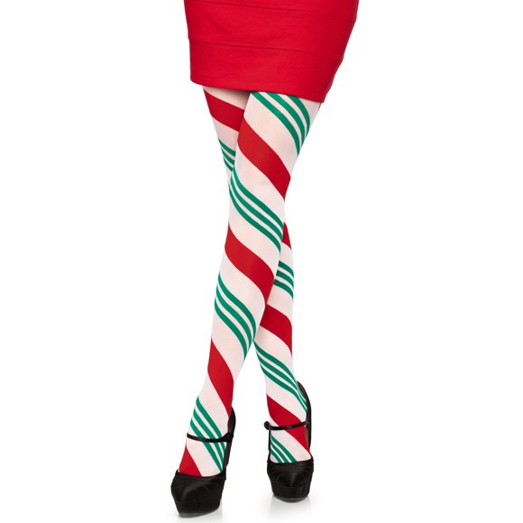 Leg Avenue Holiday ribbon striped tights. Green/Red Color