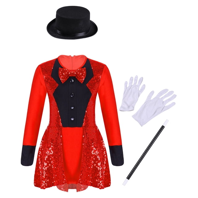 JanJean Girls Magician Costume Outfits Halloween Magic Performance Cosplay Dress Up Red 6