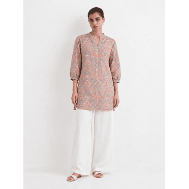 DWEEP SARA Kurti Courte Droite / Haut pour Femmes en Mélange de Coton Gris et Rose à Imprimé Floral avec Col Mandarin, TTG/44