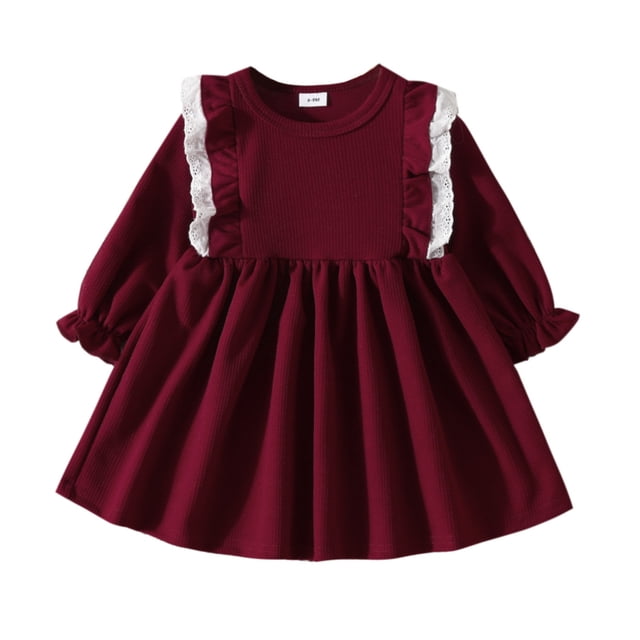 LUOGENLI Dress Toddler Girls Dress Winter Long Sleeve Ruffles Ribbed Lace Solid Color Princess Dress Maxi Dress for Girls Summer 2025 Floral Flowy Boho Skirt Red 2-3 Years