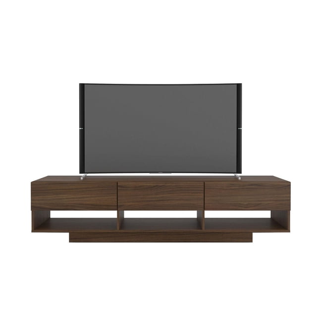 Rustik 72-inch TV Stand in dark wood grain melamine finish with three drawers on metal slides and three open storage compartments for electronic devices, fits TVs up to 80 inches, featuring a scratch, stain, and water-resistant surface ideal for living room organization.