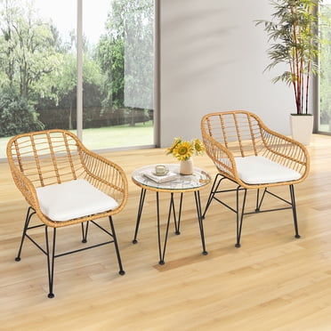 Patiojoy Ensemble de Mobilier de Patio 3 Pcs avec Table Basse en Verre Trempé pour Jardin et Cour Arrière Coussins Blancs