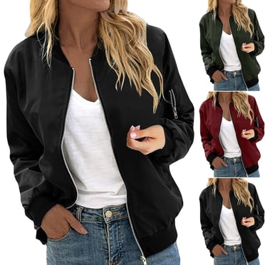 VEKDONE Blousons Bomber pour Femmes Automne Manches Longues Manteau à Fermeture Éclair avec Poches Décontracté Couleur Unie Veste Y2K Extérieur Mode Urbaine Moto Manteau Vert Armée TG