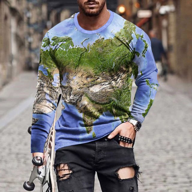 TIMIFIS Chemises pour Hommes Chemises à Manches Longues T-Shirt à Imprimé Graphique T-Shirt Décontracté à Col Rond Chandail Molletonné Haut-Bluefall