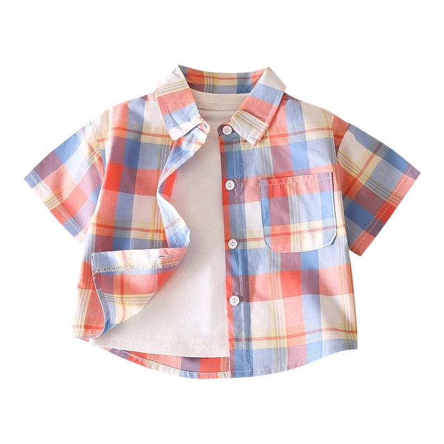 Zpanxa Chemise Boutonnée Garçon Mode Décontractée à Boutons Manches Courtes T-Shirt à Carreaux Col Rabattu Blouse en Coton 7 Ans
