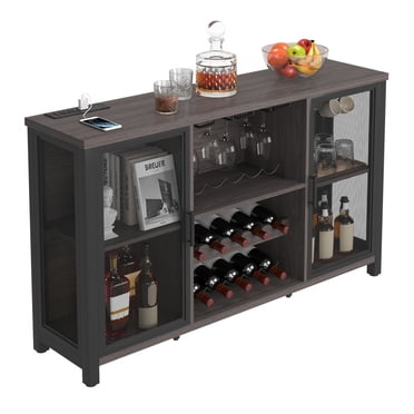 VEVOR Armoire de Bar Industrielle de 47 Pouces, Table à Vin pour Alcool et Verres, Buffet Bahut avec Casier à Vin, Armoire de Bar à Café Autoportante en Bois Style Ferme pour Salon, Bar à la Maison, Cuisine Gris