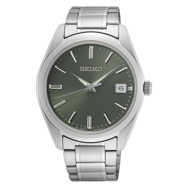 Seiko Quartz Men's Watch SUR527 featuring a stainless steel case and bracelet with a green dial. This analog watch has a 40.2mm round case, quartz movement, and a sapphire crystal. It includes LumiBrite on the hands, a three-fold clasp with push-button release, and a screw case back. Water-resistant up to 100 meters.