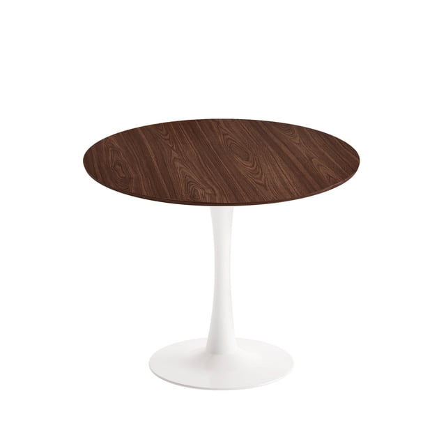 Blanco Walnut Dining Table - Large featuring a round walnut-finished tabletop with visible wood grain patterns and a sleek white tulip-style pedestal base. Perfect as a kitchen table or dining table for modern spaces, combining art and functionality.