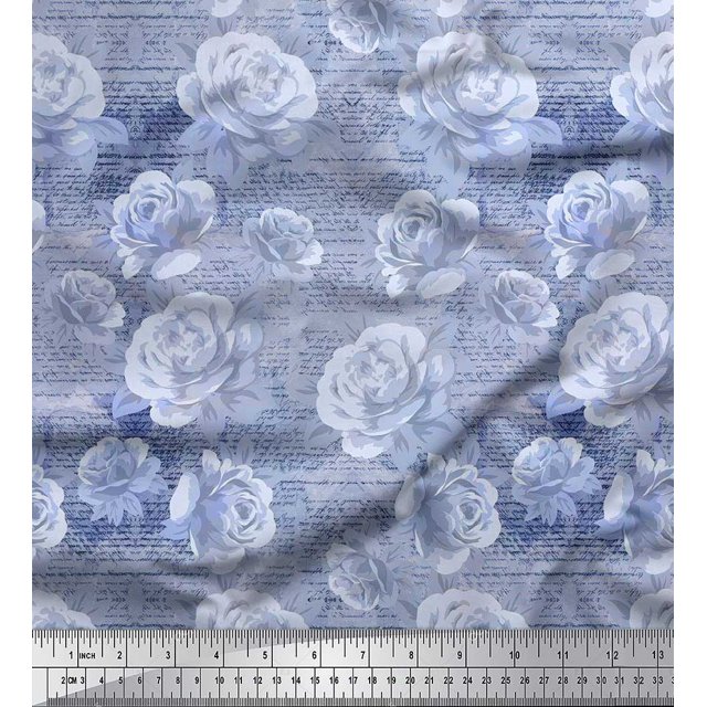 Soimoi Poly Georgette Fabric Text,Leaves & Rose Flower Fabric Prints By Yard 42 Inch Wide