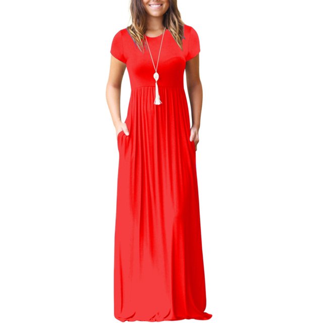 keepw Robe Longue Décontractée pour Femmes Couleur Unie Manches Courtes Maxi Robe avec Rouge TTG