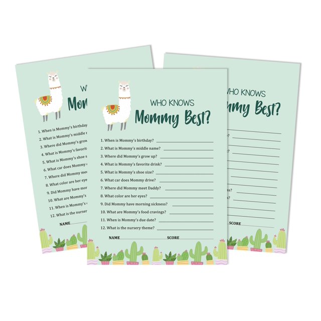 Inkdotpot Llama Gender Neutral Who Knows Mommy BestBaby Shower GameCards FunActivity Cards Set Of 50Party Theme