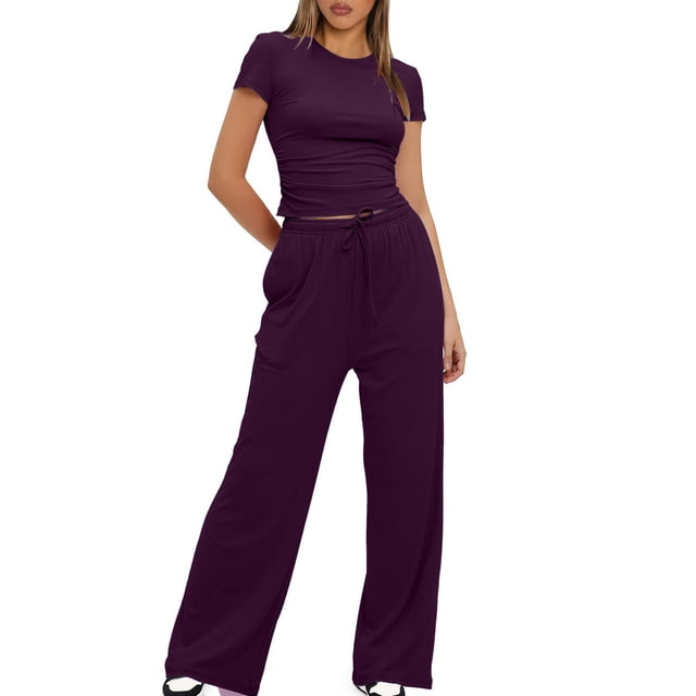 Birdeem Blouses pour Femmes 2 Pcs Mode Femme Col Rond Uni Manches Courtes Blouse + Pantalons Longs Taille Élastique Ensembles
