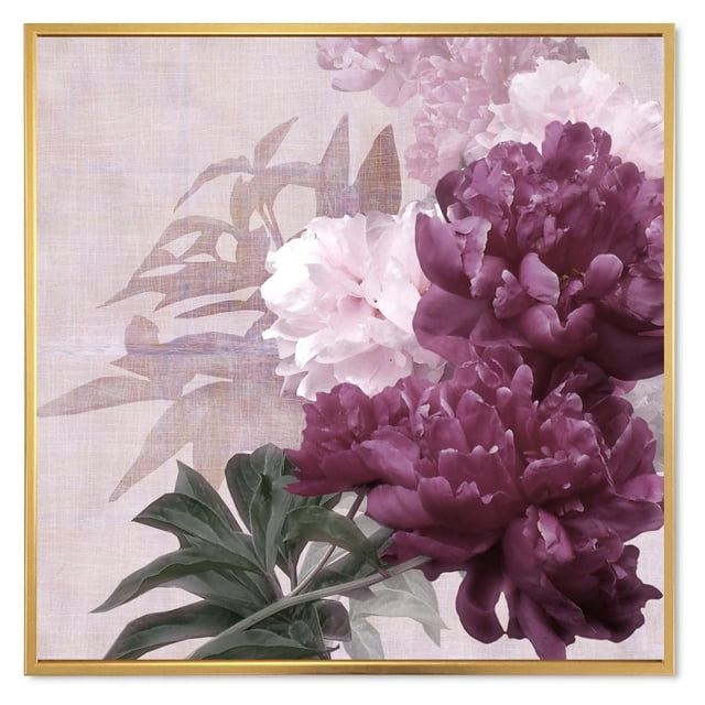 Designart Fleurs Vintage Violettes et Roses I FLOAT Cadre Mural ART Représentant des Pivoines Détaillées Violettes et Roses avec des Feuilles Vertes sur une Toile Texturée en Coton Lavande, Enveloppées et Étirées sur un sous-Cadre en Bois de 1 Po à l'Intérieur d'Un Cadre Flottant Doré, Prêtes à Accrocher et Idéales pour Ajouter un Charme floral Traditionnel à la Déco de la Maison.