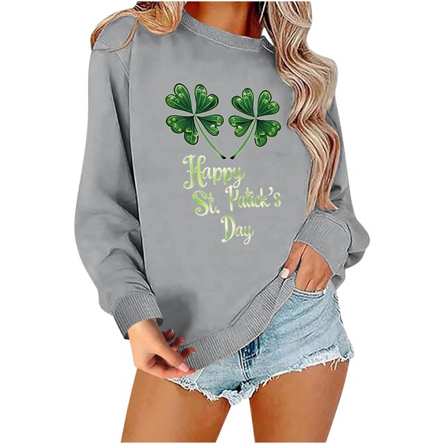 VKOYWKM Chandails de la Saint-Patrick à Manches Longues, Col Rond, Chandails à Enfiler, Hauts, Graphique « Lucky Four Leaf », Chandails de la Saint-Patty Cadeaux pour Dat