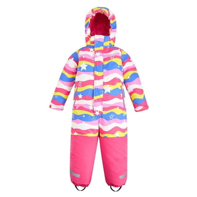 Kuleyang Combinaison de Neige une Pièce pour Enfants Garçons Filles 3-9 Ans, une Tenue d'Hiver Colorée avec Motifs Ondulés Rose, Jaune, Bleu et Blanc et accents d'Étoiles. Cette Combinaison de Ski pour Tout-Petits Imperméable et Coupe-Vent Comprend une Capuche, une Encolure Haute, des Poignets Ajustables et des Bandes Réfléchissantes sur la Capuche, les Épaules, les Poignets et les Jambes pour une Visibilité Accrue par Faible Luminosité. Idéale pour le Ski, le Planche à Neige, la Luge et Autres sports d'Hiver, Elle Procure une Excellente Chaleur avec une Isolation Synthétique