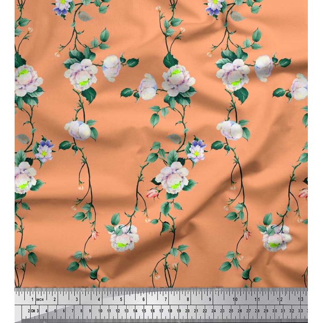 Soimoi Velvet Fabric Leaves & Peony Floral Print Fabric by The Yard 58 Inch Wide
