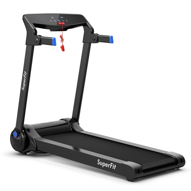 Gymax Treadmill Électrique Pliant 3,0 HP pour l'Exercice et la Course, Bleu et Noir, Doté d'Un design Pliable avec Roues de transport pour un Rangement et une Mobilité Faciles. le Treadmill Comprend un Affichage Numérique pour Suivre la Vitesse, le Temps, la distance, le Pouls et les calories, Ainsi Qu'une Clé de Sécurité pour les Arrêts d'Urgence. Il Dispose d'Un Moteur 3,0 HP avec des Vitesses Allant de 0,6 à 8 Mi/h, une Surface de Course Spacieuse de 48,5 Pieds' x 16
