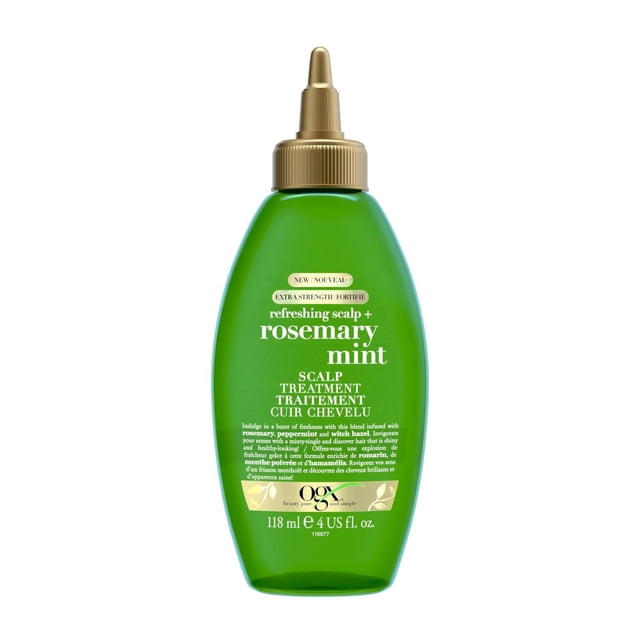 OGX Extra Strength Refreshing Scalp + Rosemary Mint Scalp Treatment in a green 118 ml bottle with a gold pointed applicator cap, a dry leave-in formula with rosemary, peppermint, and witch hazel to remove scalp buildup and refresh oily hair.
