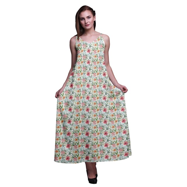 Bimba Rayon Floral Printed Spaghetti Strap Sleeveless Womens Cami Maxi Slip Swing Dress-Large