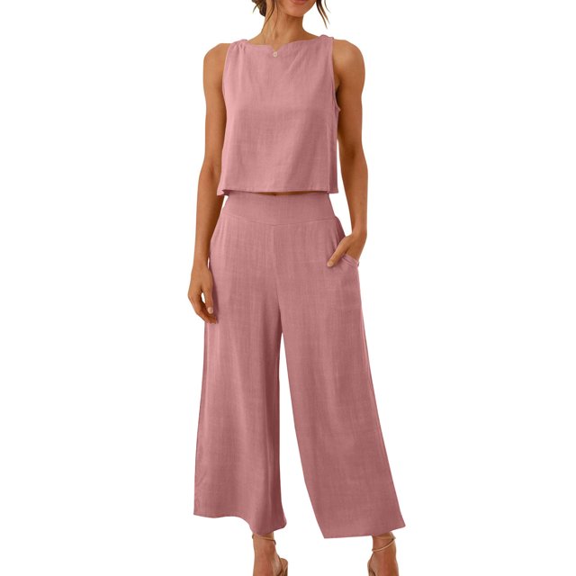 Mgmyaa Womens Summer 2 Piece Outfits Linen Crop Tank Tops Lounge Matching Sets & Long Track Pants Tracksuits