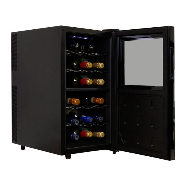 Koolatron 18 Bottle Wine Cooler, Dual Zone Freestanding Wine Fridge with matte black finish, open door showing five chrome wire racks holding assorted wine bottles with red, gold, blue, and orange caps, interior LED lighting, thermoelectric cooling, and mirrored glass door with external touchscreen controls for dual zone temperature adjustment.