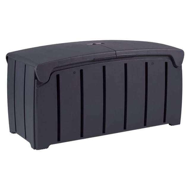 Strata Products Coffre de Rangement Extérieur pour Patio de 85 Gal avec Couvercle à Double Porte en Noir. Cette Boîte de Rangement en Plastique durable a une Capacité de 85 Gallons (321,76 Litres), Idéale pour Ranger des Outils de Jardinage, des Coussins d'Extérieur, des Accessoires de Piscine et Plus. Comprend un Couvercle à Ouverture Moyenne avec un Trou de Verrouillage Intégré pour une Sécurité Accrue. Dimensions : 45,30 x 21,70 x 23,60 Pouces.