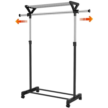 SortWise Expandable Rolling Clothing Rack, Mobile Adjustable Garment Rack Clothes Shelf Organizer with Top and Bottom Shelves