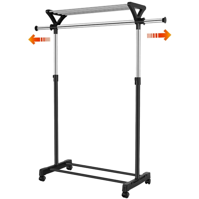 SortWise Expandable Rolling Clothing Rack, Mobile Adjustable Garment Rack Clothes Shelf Organizer with Top and Bottom Shelves