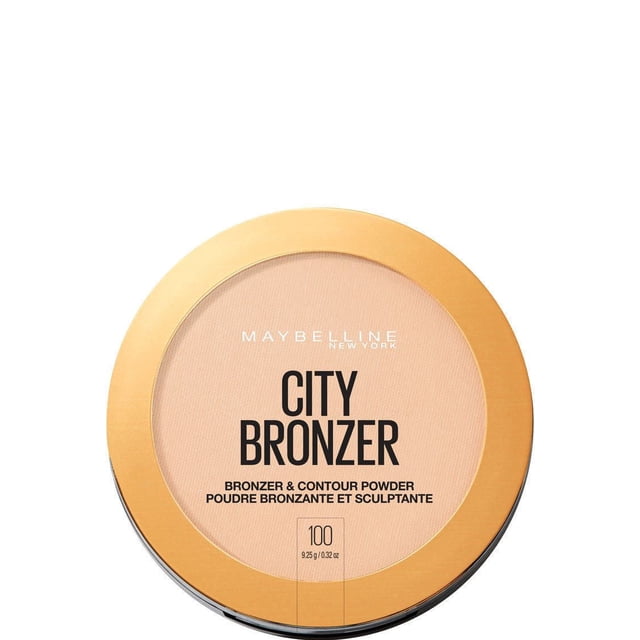 Maybelline New York FaceStudio® City Bronze Bronzer Medium in a round compact with a gold-tone rim and clear lid showing the matte bronzing and contour powder inside, weighing 9.25 g (0.32 oz), suitable for creating sculpted, sun-kissed makeup looks.