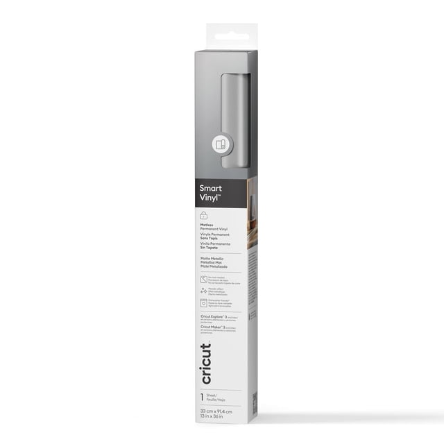 Cricut® Smart Vinyl™ Vinyle Permanent mat Métallique Sans Tapis (3 Pi) Argent, Emballé dans une Haute Boîte Rectangulaire avec une Fenêtre Montrant le Vinyle Roulé à l'Intérieur, Doté d'Une Finition Métallique Mate, Résistant aux Intempéries et Compatible Lave-Vaisselle, Conçu pour Cricut Explore 3, Maker 3 et Venture machines, Idéal pour des Projets de Vinyle d'Artisanat Sans Tapis de Découpe.
