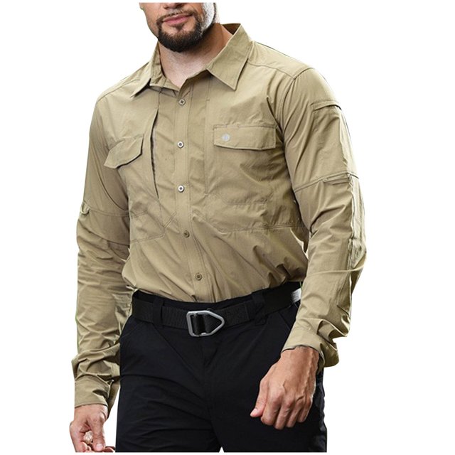 Men's Fashion Casual Solid Color Buttons Pockets Long Sleeve Turndown Collar Blouse RXIRUCGD Kaki, Taille: S