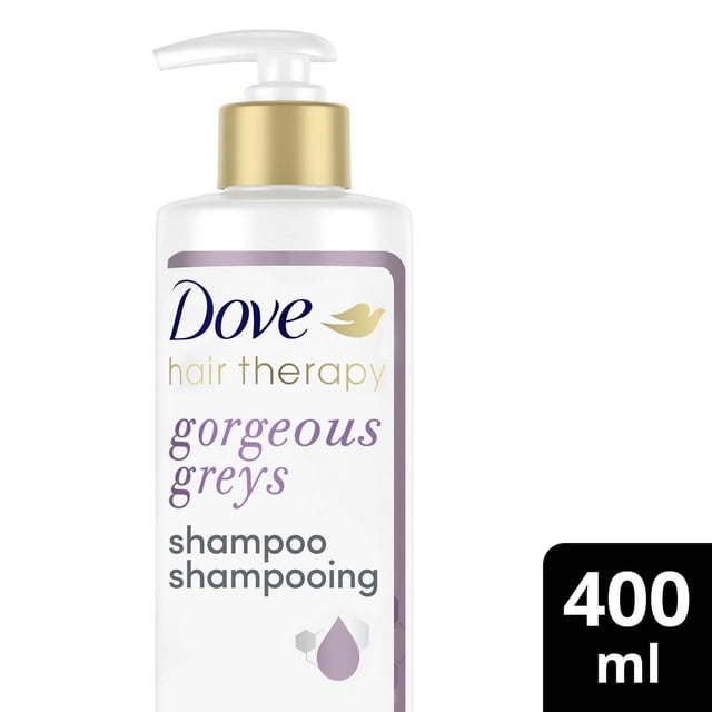 Dove Hair Therapy Magnifiques Gris pour Gris avec Complexe de Biotine Shampooing Violet en Bouteille à Pompe Blanche avec Col Doré, Formule Sans Sulfate Qui Nettoie en Douceur, Nourrit et Ajoute du volume aux Cheveux Gris Tout en Neutralisant l'Éclat, 400 ml.