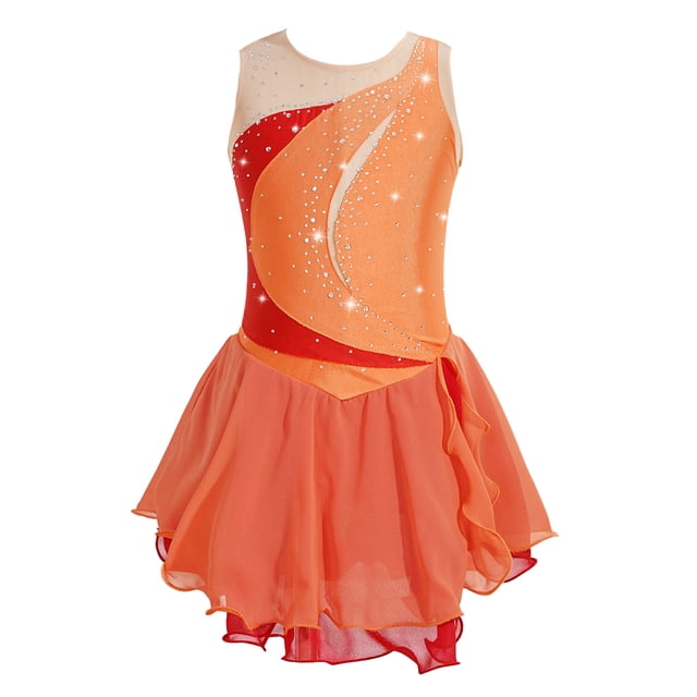 YONGHS Robe de Patinage Artistique Brillante pour Filles Enfants avec Strass Sans Manches en Mousseline Robe de Danse Ballet Orange 14