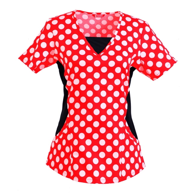Women's scrub top by TAILOR'S featuring a vibrant red base with white polka dots and black stretch side panels for a comfortable fit. Designed with a v-neckline, short sleeves, and two double front pockets for functionality. Made from a durable blend of 97% cotton and 3% spandex, this classic-fit scrub top is easy to care for and ideal for healthcare professionals.