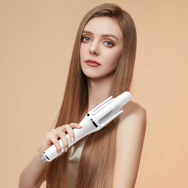 UsRHHA Automatic Curling Iron, a white one-click curling wand for all hair types, demonstrated by a person with long, straight hair. The ergonomic handle and automatic curling barrel are shown, emphasizing its ability to create salon-quality curls and waves effortlessly. The neutral beige background highlights the product's modern design.