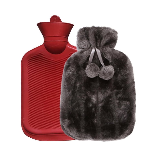 LSLJS 2L Hot Water Bottle with artificial plush cloth cover, featuring a red rubber bottle and a detachable grey faux fur cover with pom-pom accents. Designed for thermotherapy, cold protection, and as a hand warmer. Ideal for pain relief, warming beds, and reducing swelling. The bottle has a 1.8L capacity and is made from advanced thermoplastic for prolonged heat retention. The plush cover is soft, durable, and slow to dissipate heat.